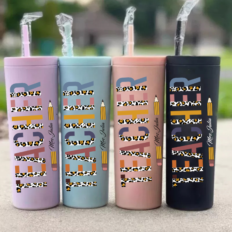 Personalized Teacher Leopard Print Skinny Tumbler
