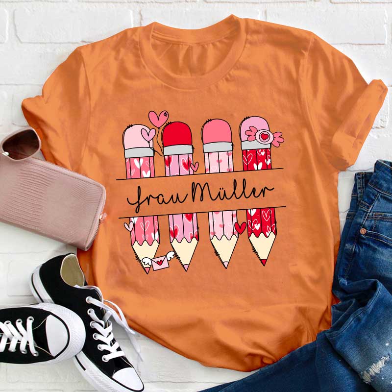 Personalisiert Rosa Bleistift Name Lehrer T-Shirt