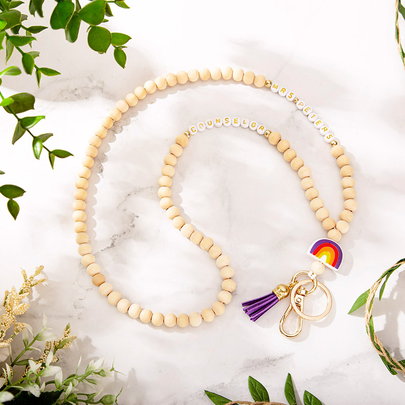 Personalized Colorful Rainbow Wooden Bead String Teacher Lanyard