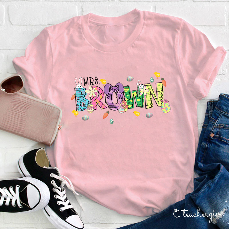 Personalized Easter Bunnies Hoppy Day Teacher T-Shirt