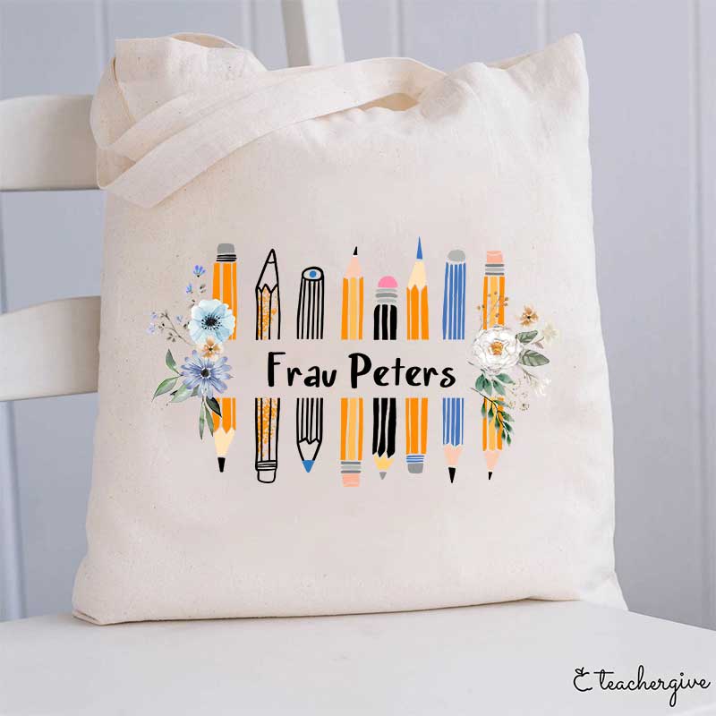 Personalisiert Name Bunt Bleistift Blumen Lehrer Tragetasche