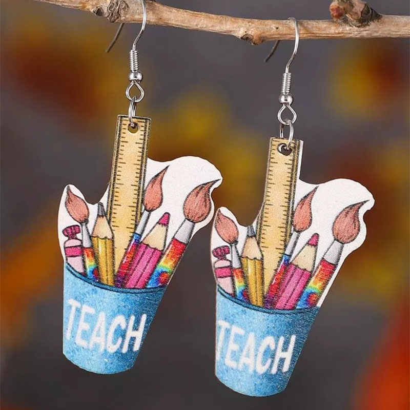 A Bucket Of Stationery Teacher Wooden Earrings