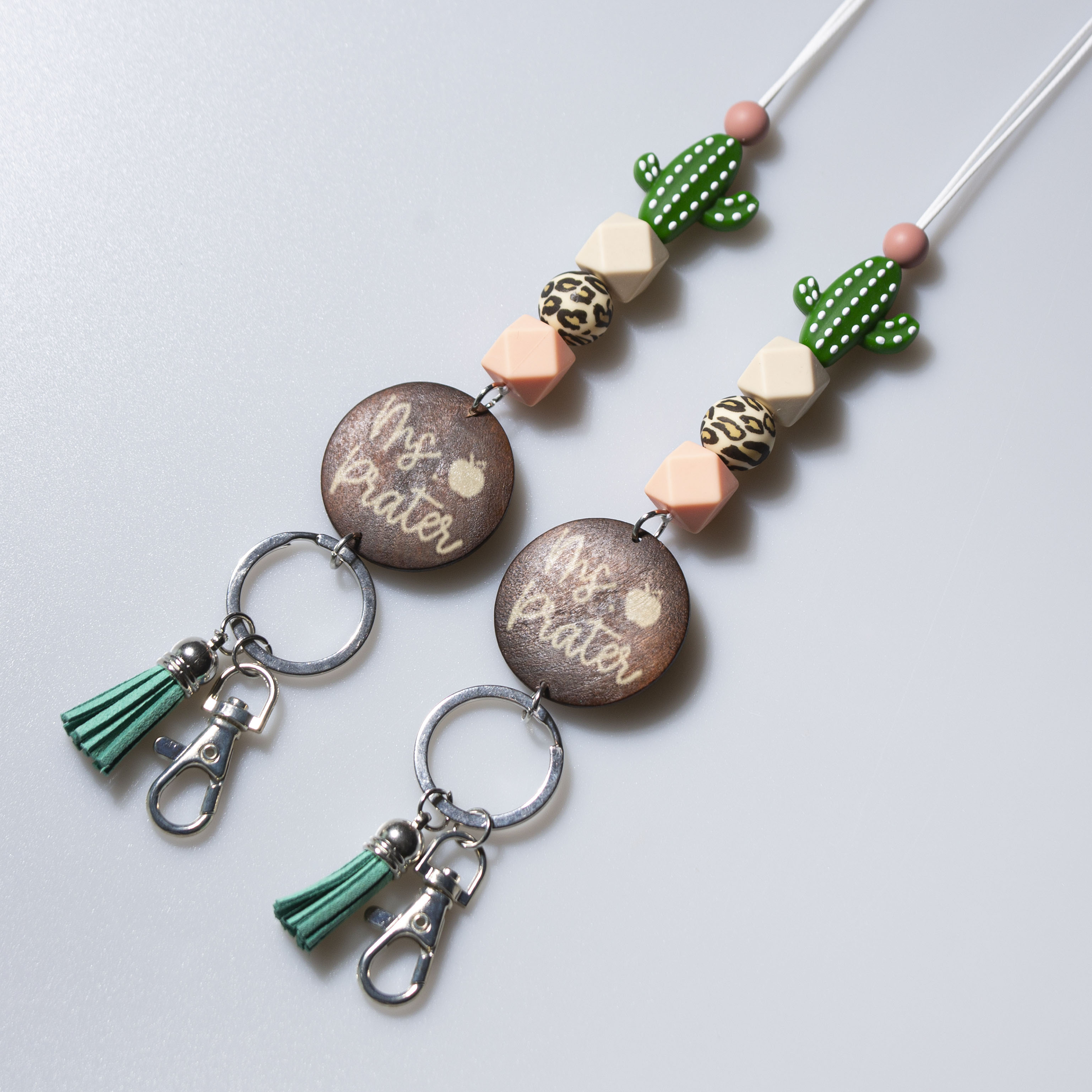Personalized Cute Cactus Leopard Print Beaded Lanyard