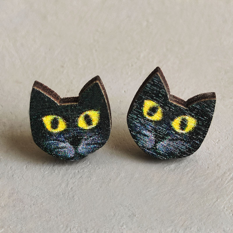 Black Cat Tiny  Wooden Earrings