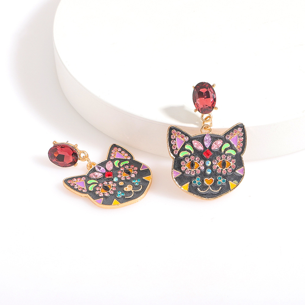 Multicolor Rhinestone Shining Cats Metal Earrings