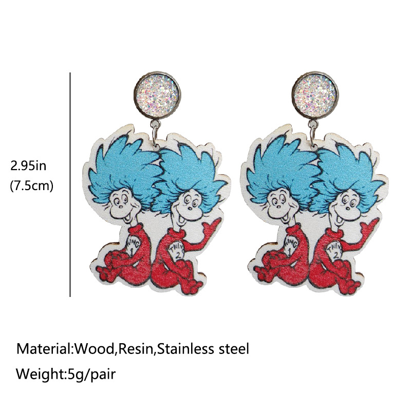 Tiny Humans In Blue Hair  Wooden Earrings