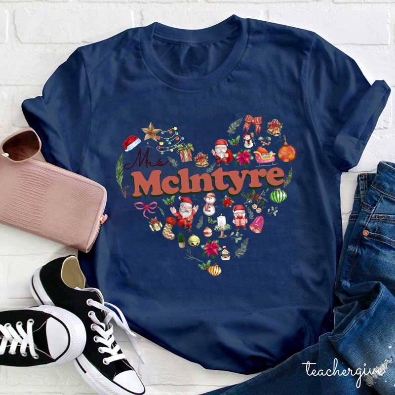 Personalized Christmas Love Heart Teacher T-Shirt