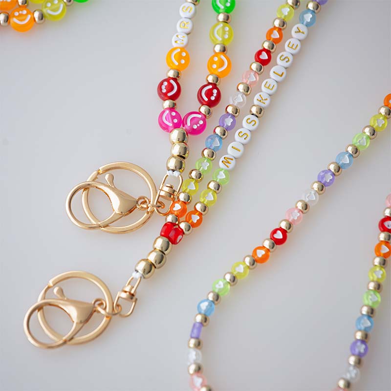 Personalized Teacher Name Rainbow Colors Smiles And Hearts  Beaded Lanyard