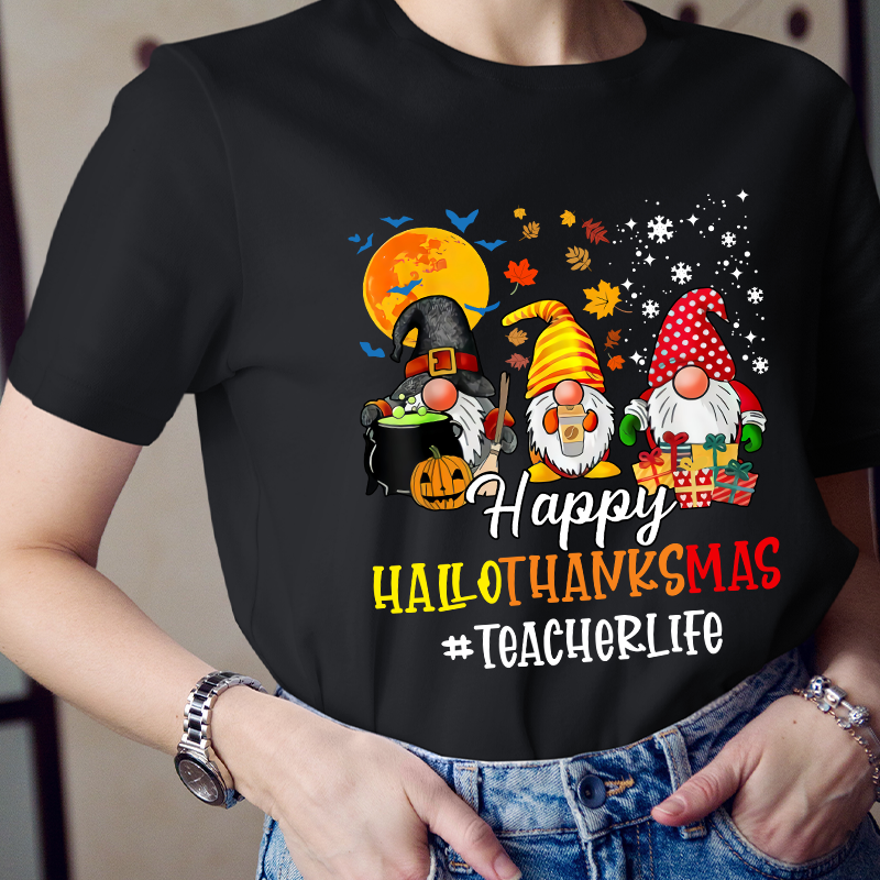 Happy Hallothanksmas Teacher's Busy Life Teacher T-Shirt