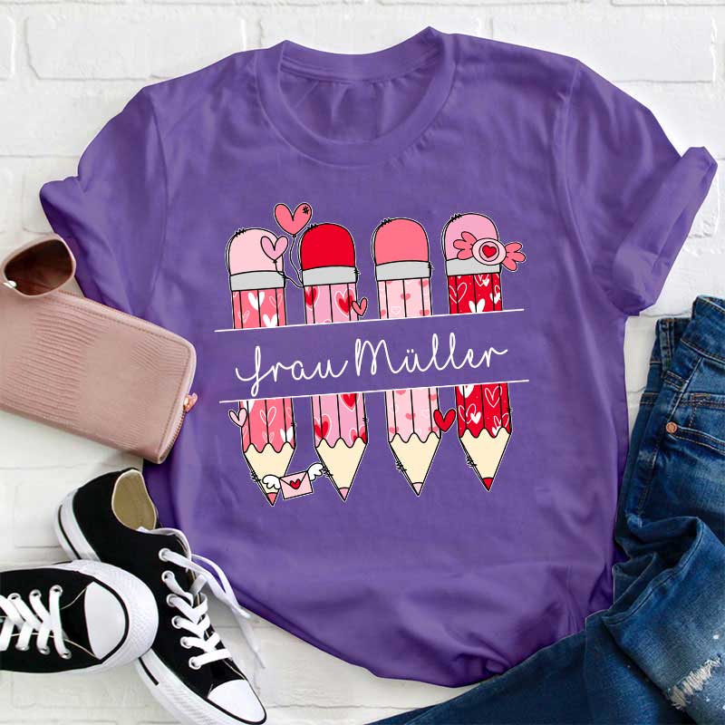 Personalisiert Rosa Bleistift Name Lehrer T-Shirt