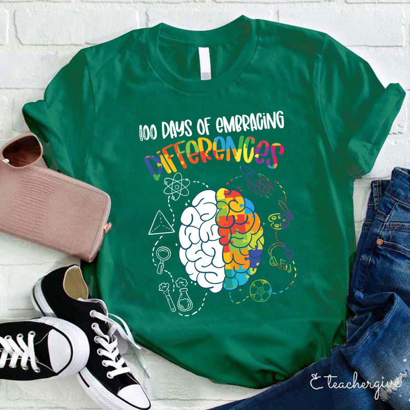 100 Days Of Embracing Differences Puzzle Brain Rocket Teacher T-Shirt
