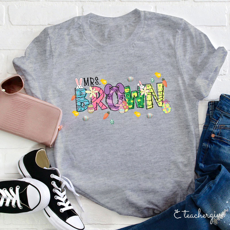 Personalized Easter Bunnies Hoppy Day Teacher T-Shirt