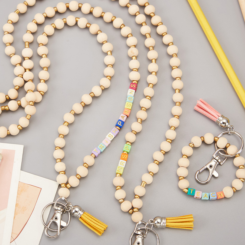 Personalized Coloured Tassel Wooden Bead Teacher Lanyard