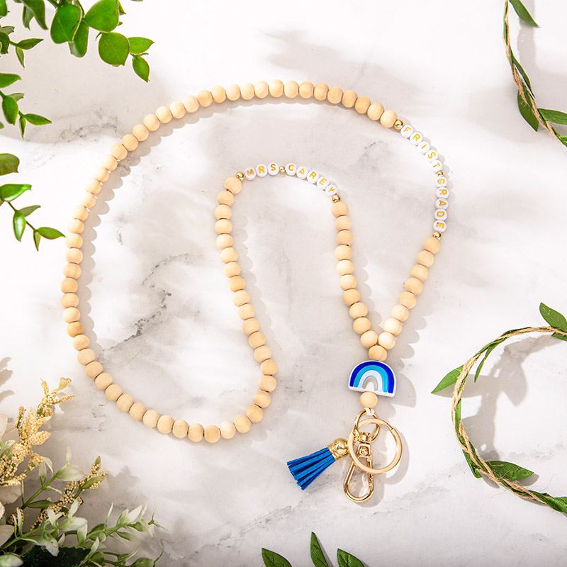 Personalized Colorful Rainbow Wooden Bead String Teacher Lanyard