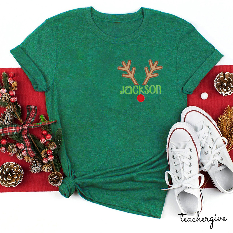 Personalized Reindeer Name Teacher Embroidery T-Shirts