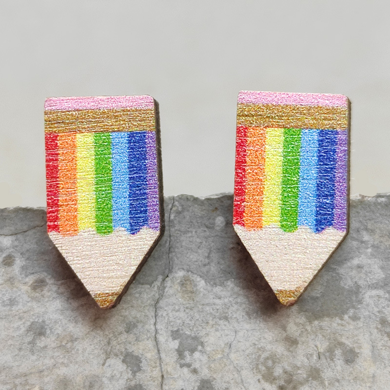 Rainbow Pencil Teacher Wooden Earrings