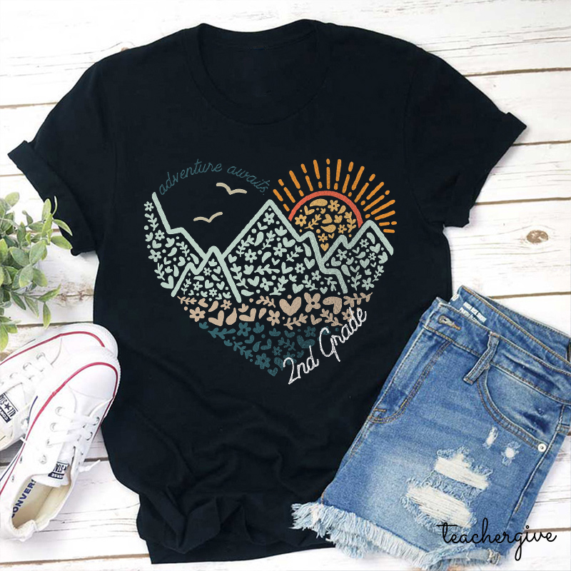 Personalized Grade Adventure Awaits Flower Mountain Sun Teacher T-Shirt
