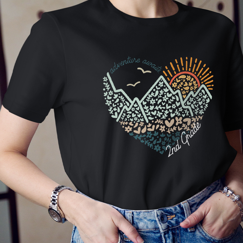 Personalized Grade Adventure Awaits Flower Mountain Sun Teacher T-Shirt
