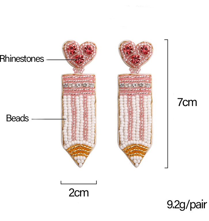 Heart Rhinestone Pencil Teacher Beaded Earrings