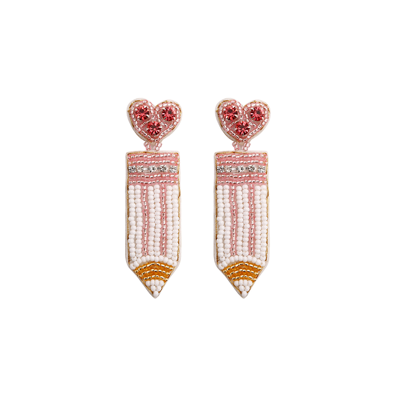 Heart Rhinestone Pencil Teacher Beaded Earrings
