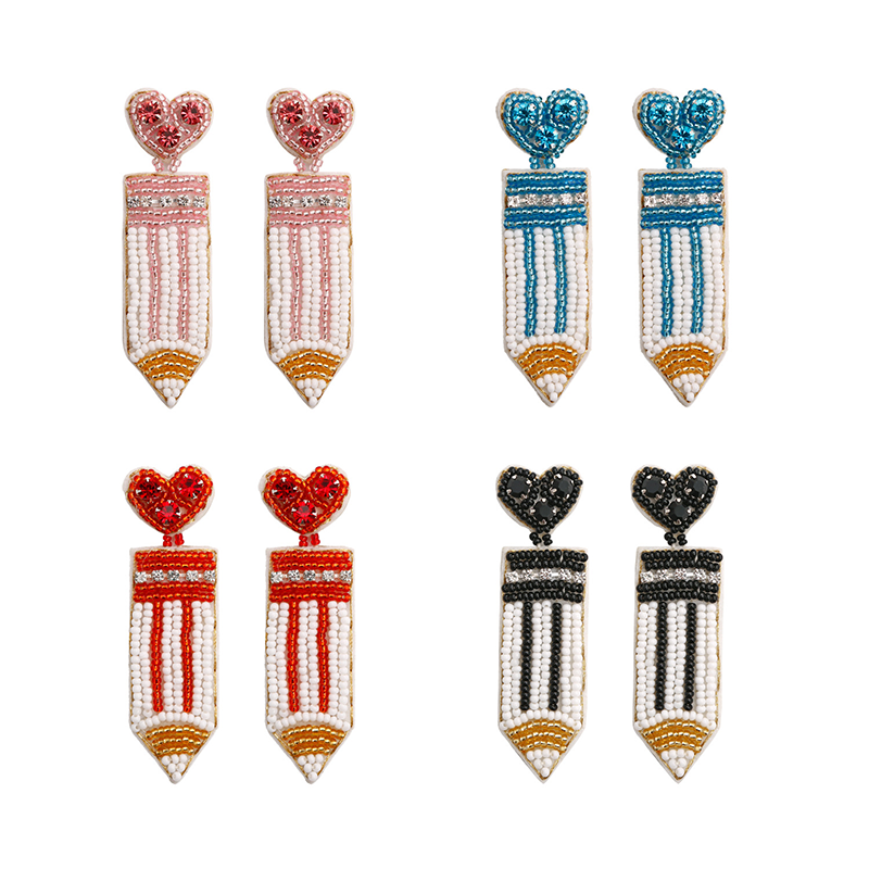 Heart Rhinestone Pencil Teacher Beaded Earrings