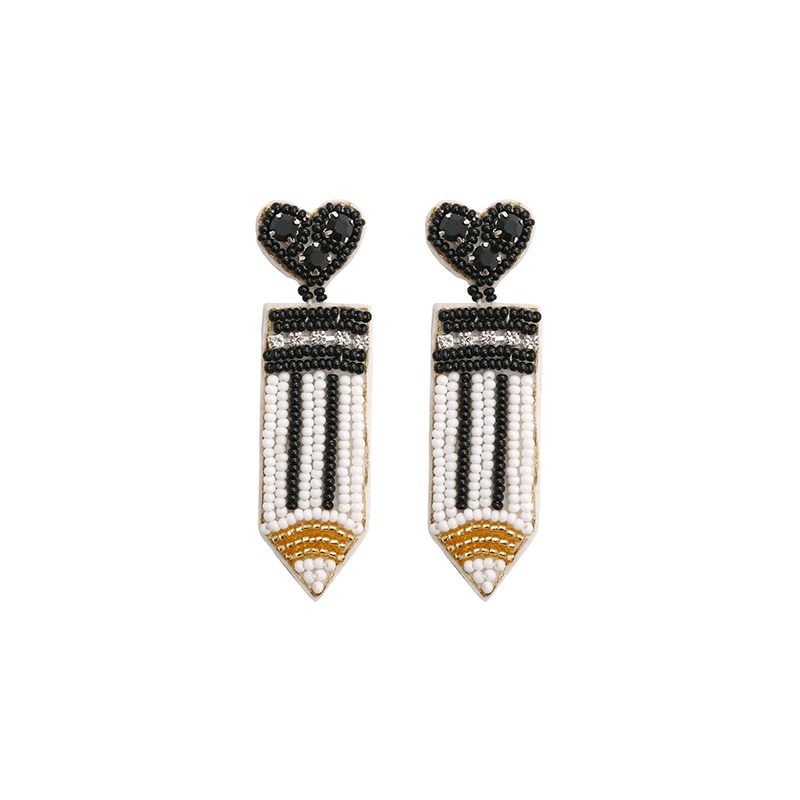 Heart Rhinestone Pencil Teacher Beaded Earrings