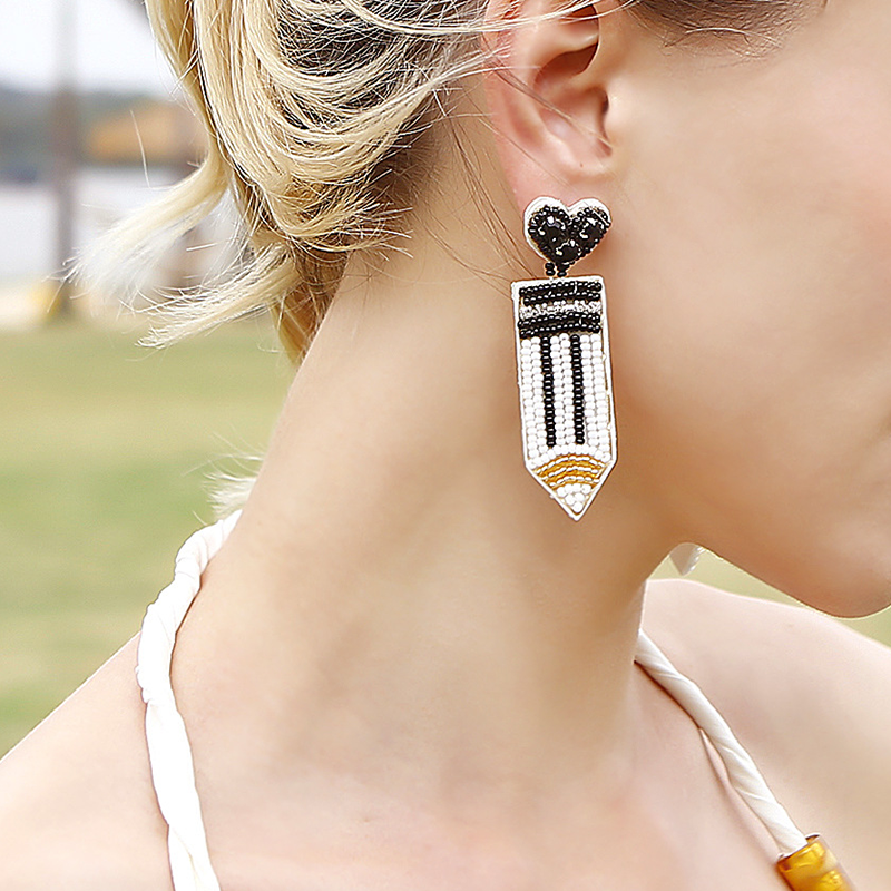 Heart Rhinestone Pencil Teacher Beaded Earrings
