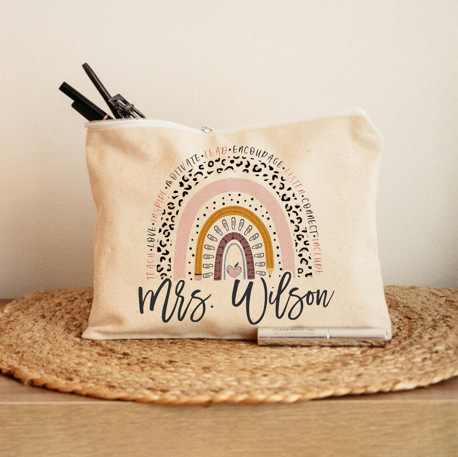 Personalized Teach Love Inspire Motivate Lead Encourage Listen Connect Include Teacher Makeup Bag