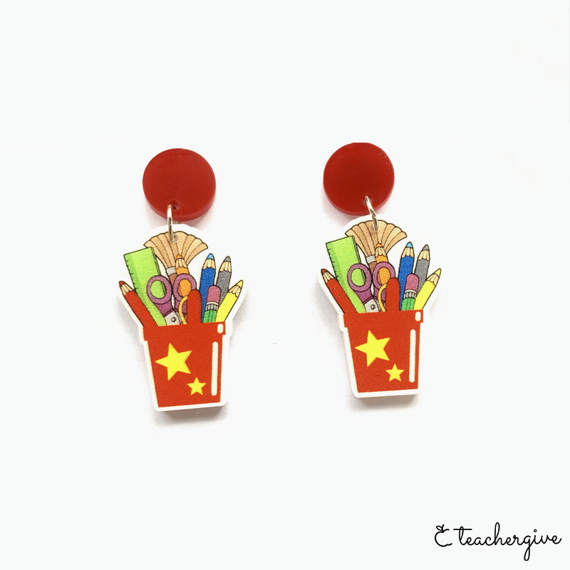 Yellow Star Red Pencil Box Teacher Acrylic Earrings