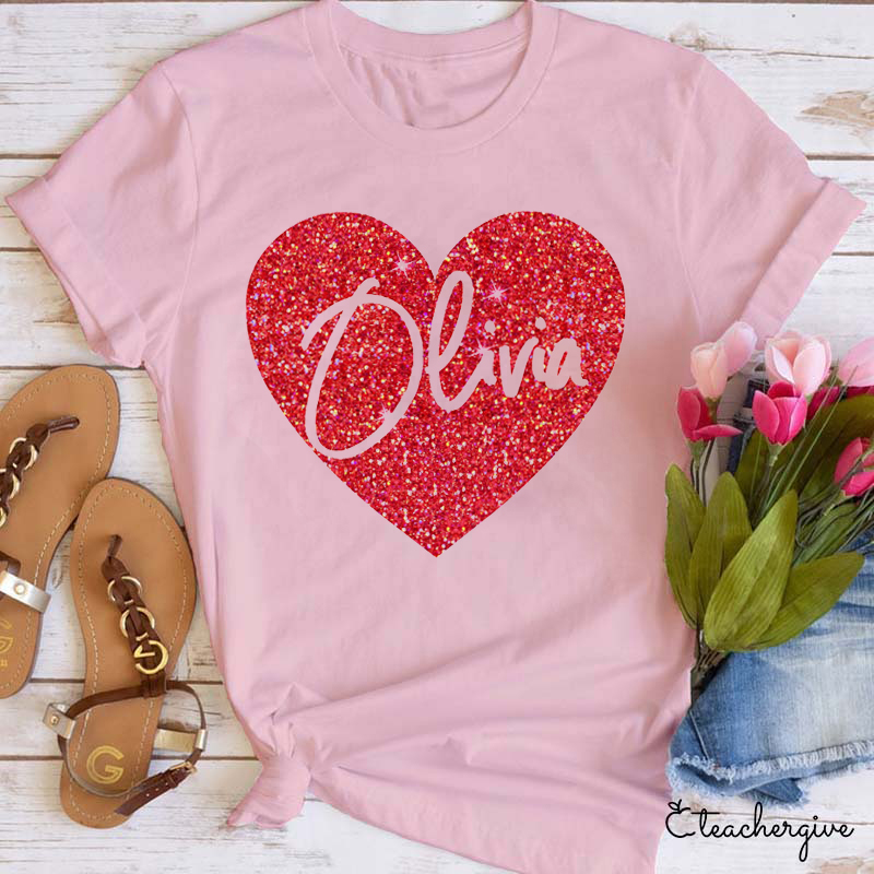 Personalized Shining Red Heart Teacher T-Shirt
