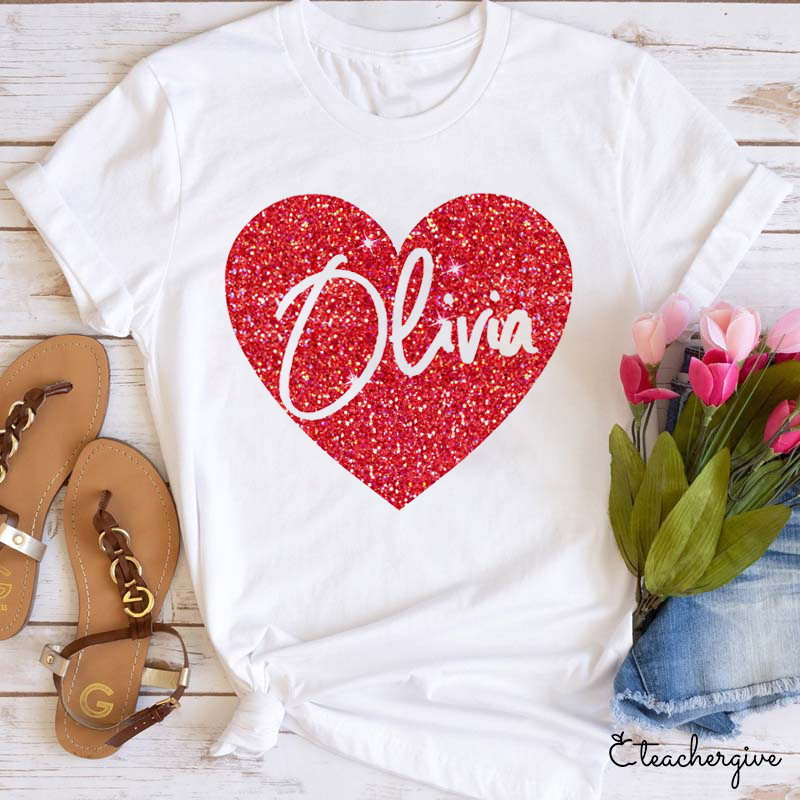 Personalized Shining Red Heart Teacher T-Shirt