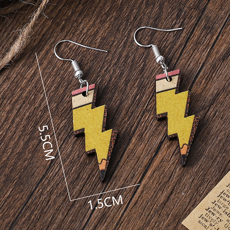 Double-Sided Printed Lightning Pencil Leopard-Edged Teacher Wooden Earrings