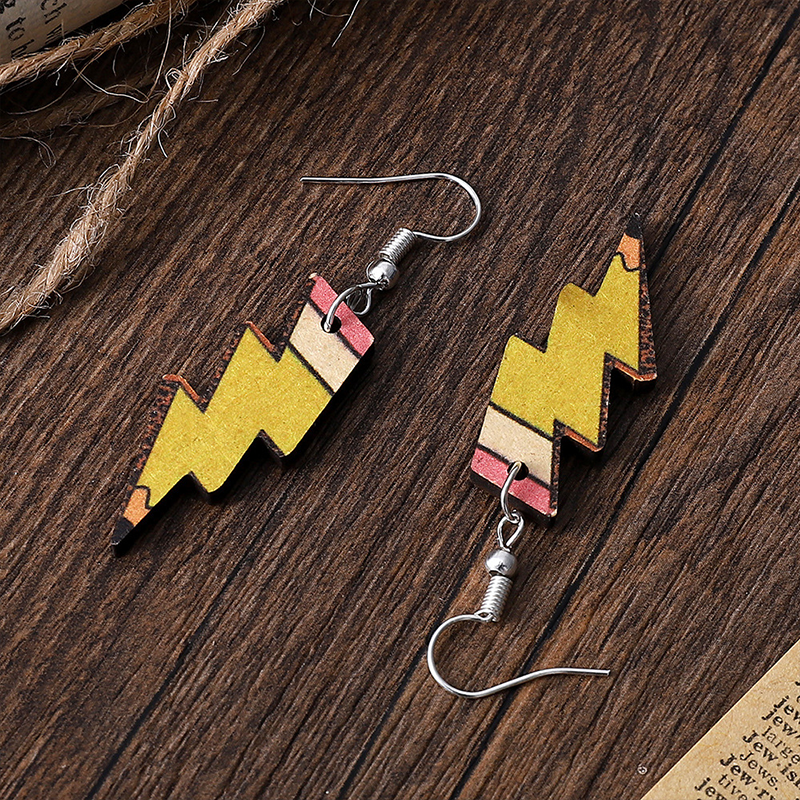 Double-Sided Printed Lightning Pencil Leopard-Edged Teacher Wooden Earrings