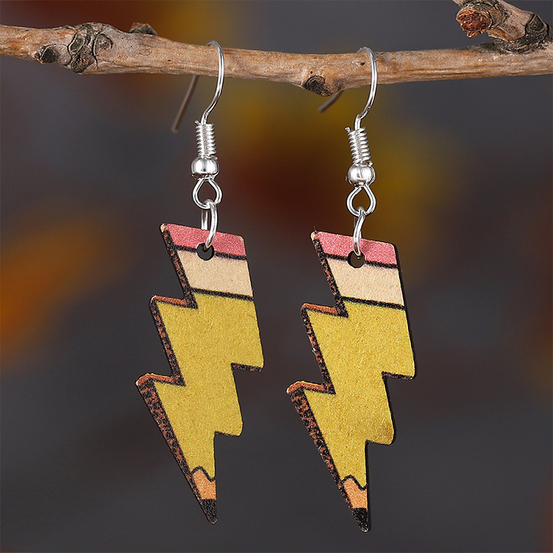 Double-Sided Printed Lightning Pencil Leopard-Edged Teacher Wooden Earrings