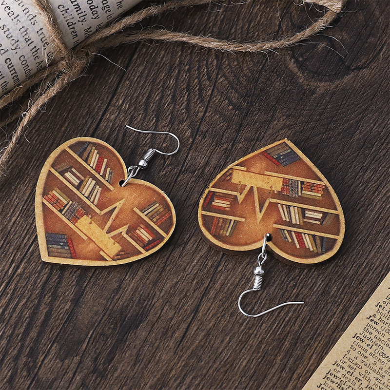 Heart-Shaped Double-Sided Bookshelf Teachers Wooden Earrings