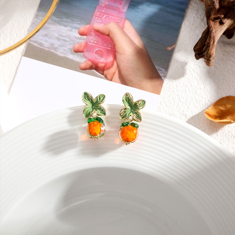 Small Persimmon With Green Leaves Teacher Acrylic Earrings