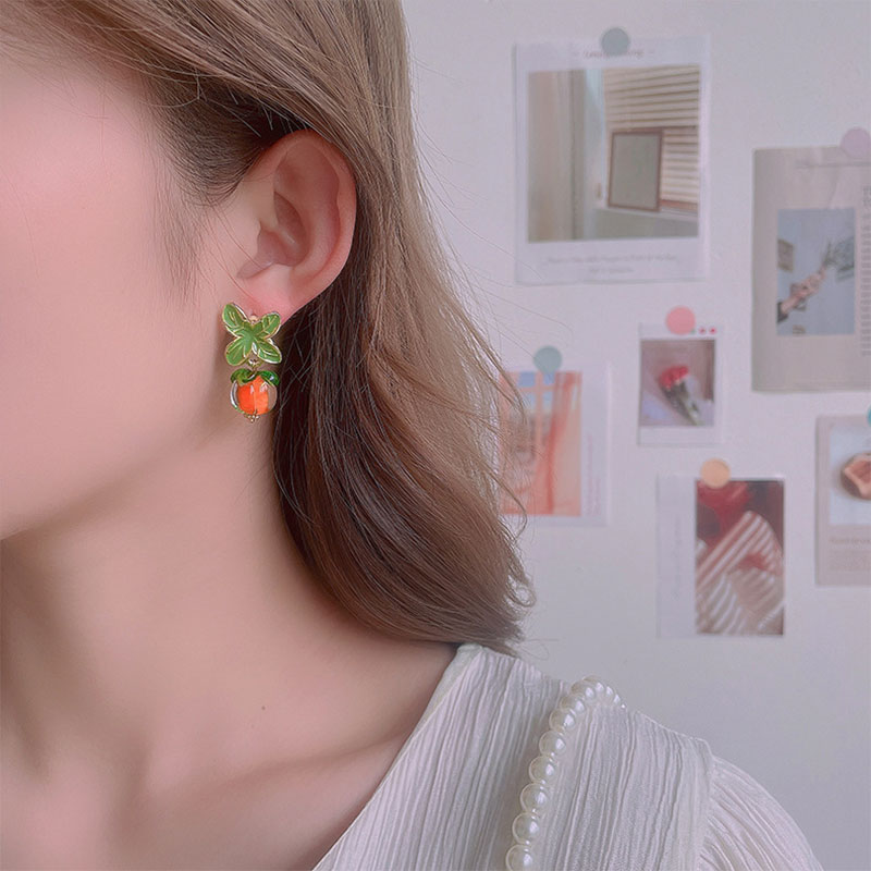Small Persimmon With Green Leaves Teacher Acrylic Earrings