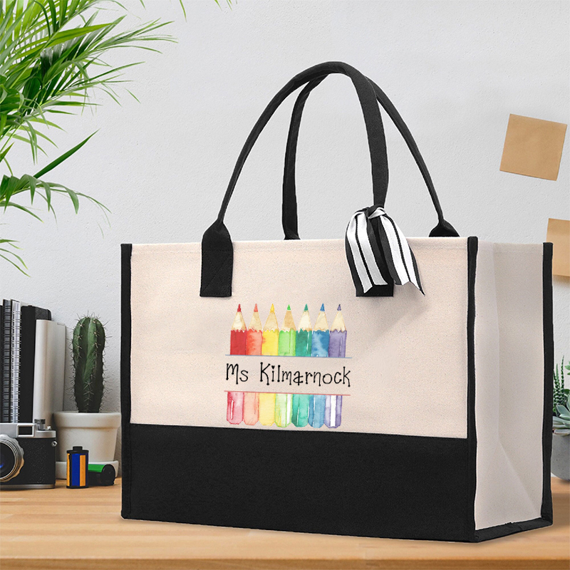 Personalized Teacher Letter Colorful Pencils Teacher Cotton Tote Bag