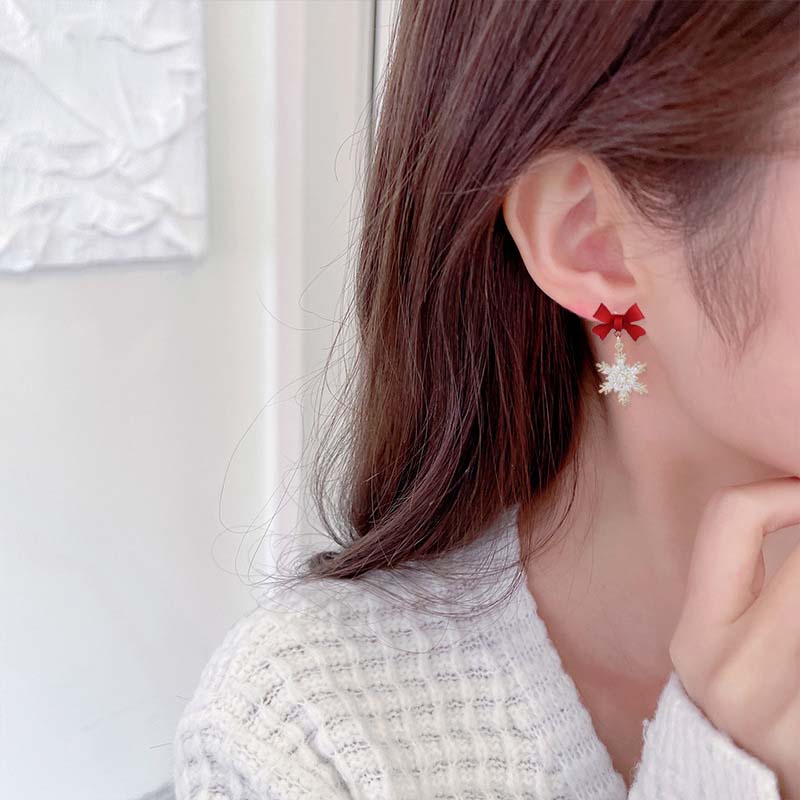 Red Bowknot With Snowflake Teacher Metal Earrings