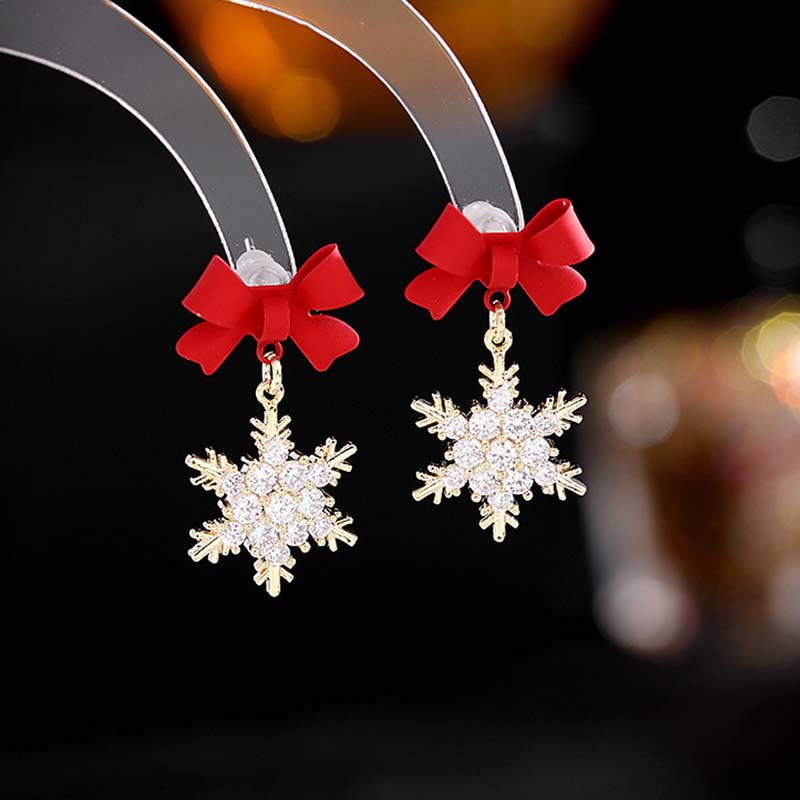 Red Bowknot With Snowflake Teacher Metal Earrings