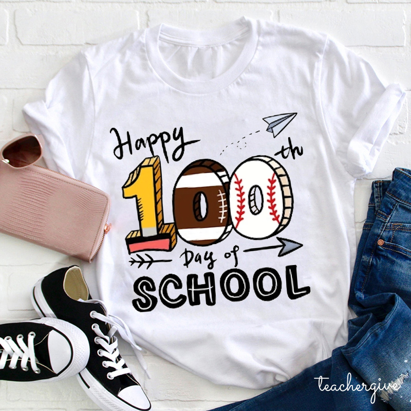 Football Happy 100th Day Of School Teacher T-Shirt