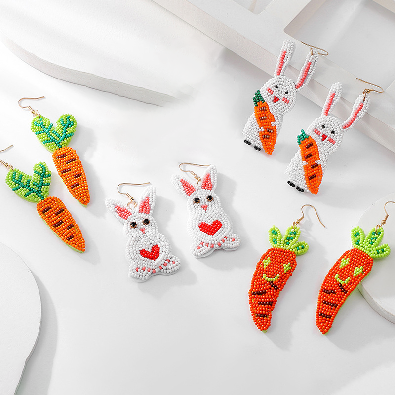 Easter Bunny Holding Carrot Red Heart Teacher Beaded Earrings