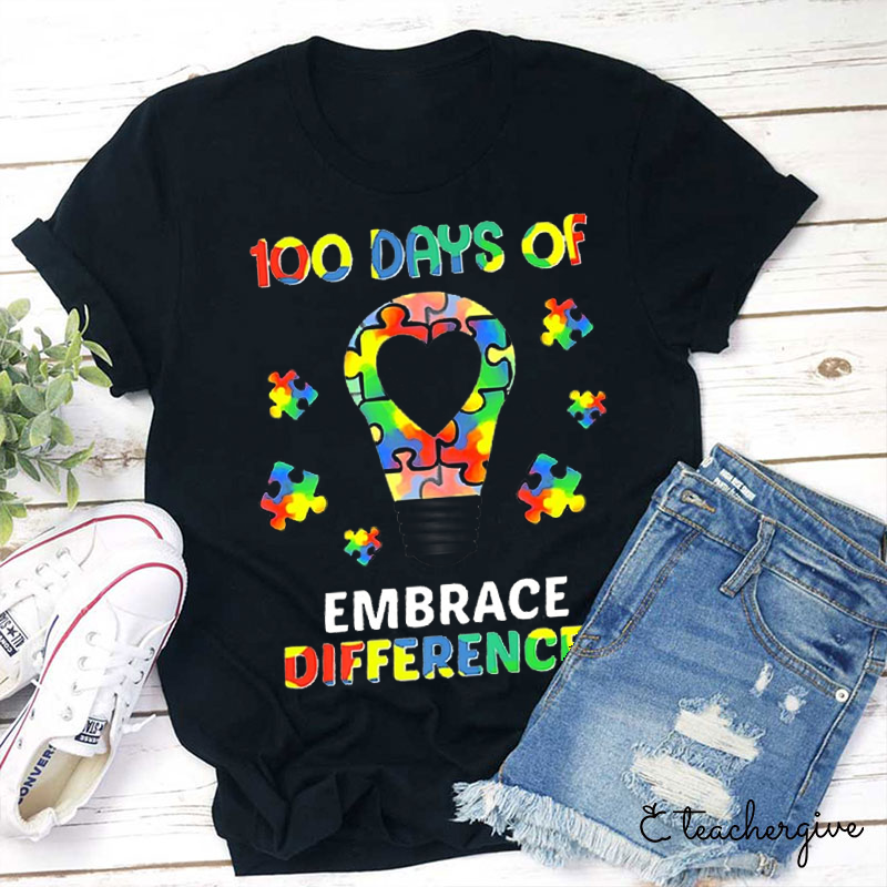 100 Days Embrace Differences Puzzle Bulb Teacher T-Shirt