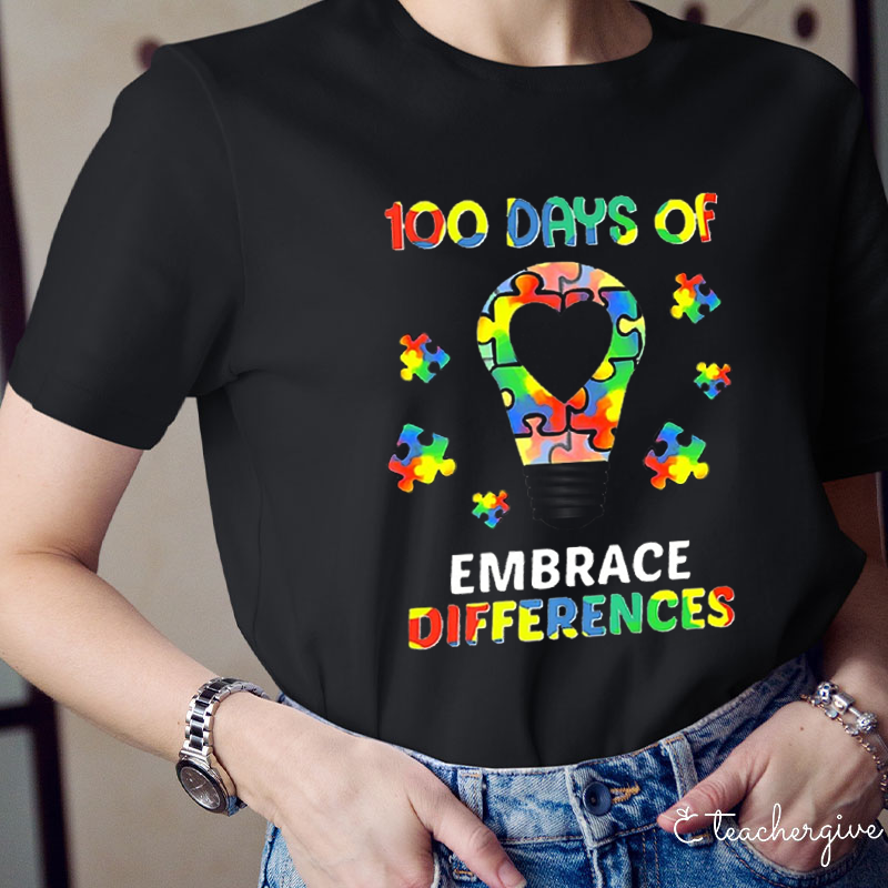 100 Days Embrace Differences Puzzle Bulb Teacher T-Shirt
