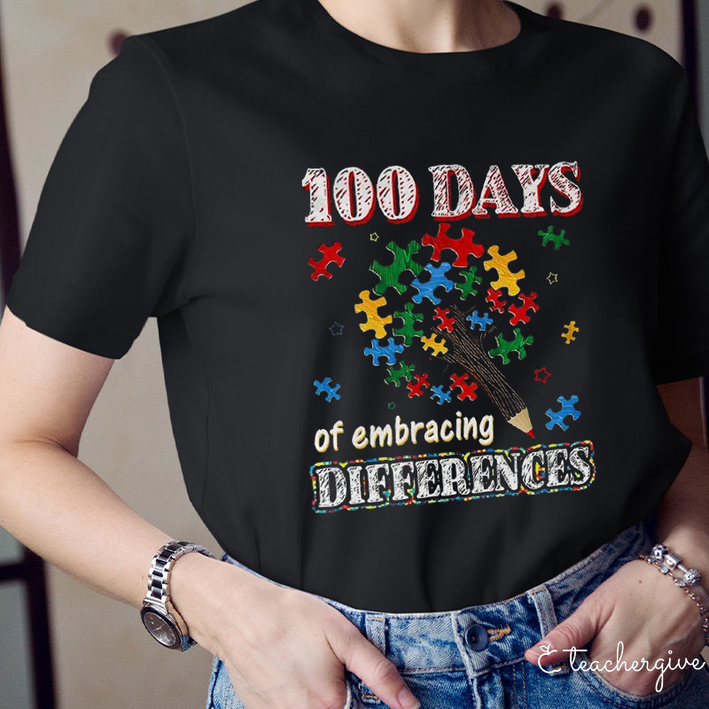 100 Days Of Embracing Differences Puzzle Pencil Tree Teacher T-Shirt