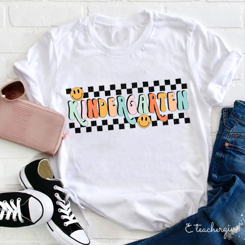Personalized Grade Black And White Checkerboard Grid Teacher T-Shirt