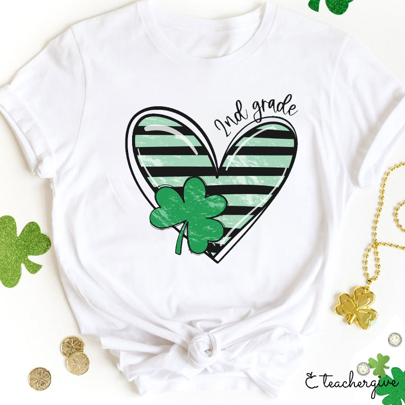 Personalized Grade Heart And Shamrock Teacher T-Shirt