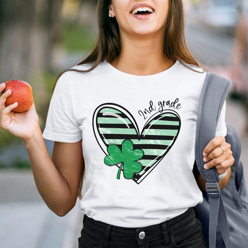 Personalized Grade Heart And Shamrock Teacher T-Shirt