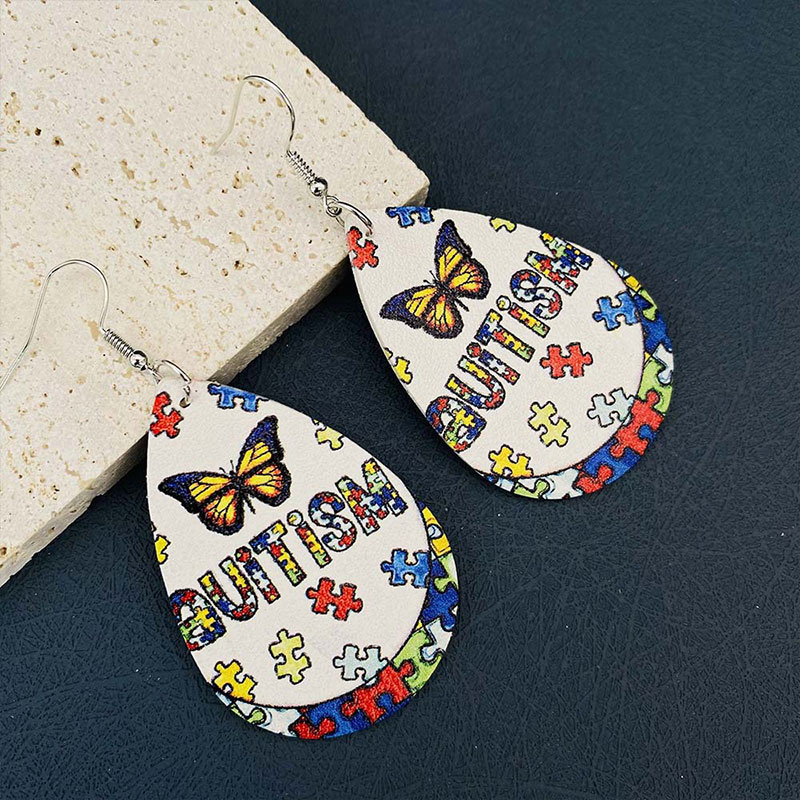 Droplet Shape SLP Butterfly Teacher Leather Earrings