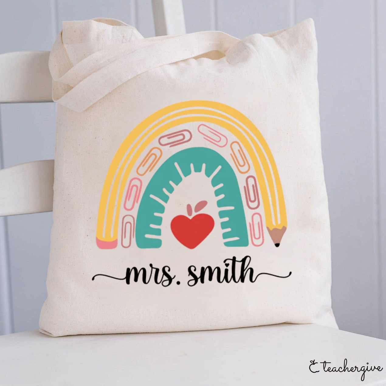 Personalized Love Heart Apple Teacher Tote Bag